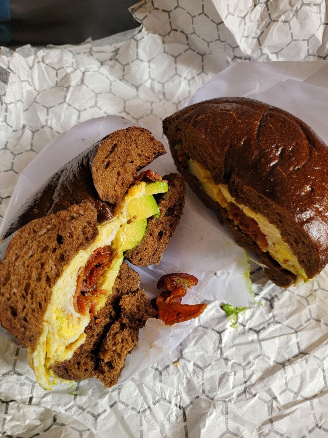 Bacon Egg and Cheese on Pumpernickel at Murray's Bagels