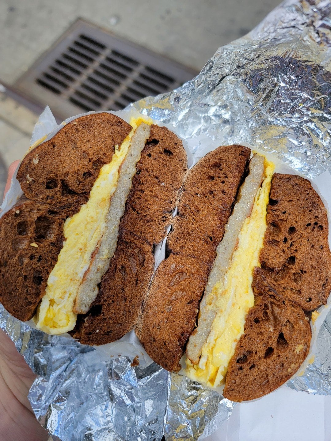 Egg and Cheese on Pumpernickel at Tompkins Square Bagels