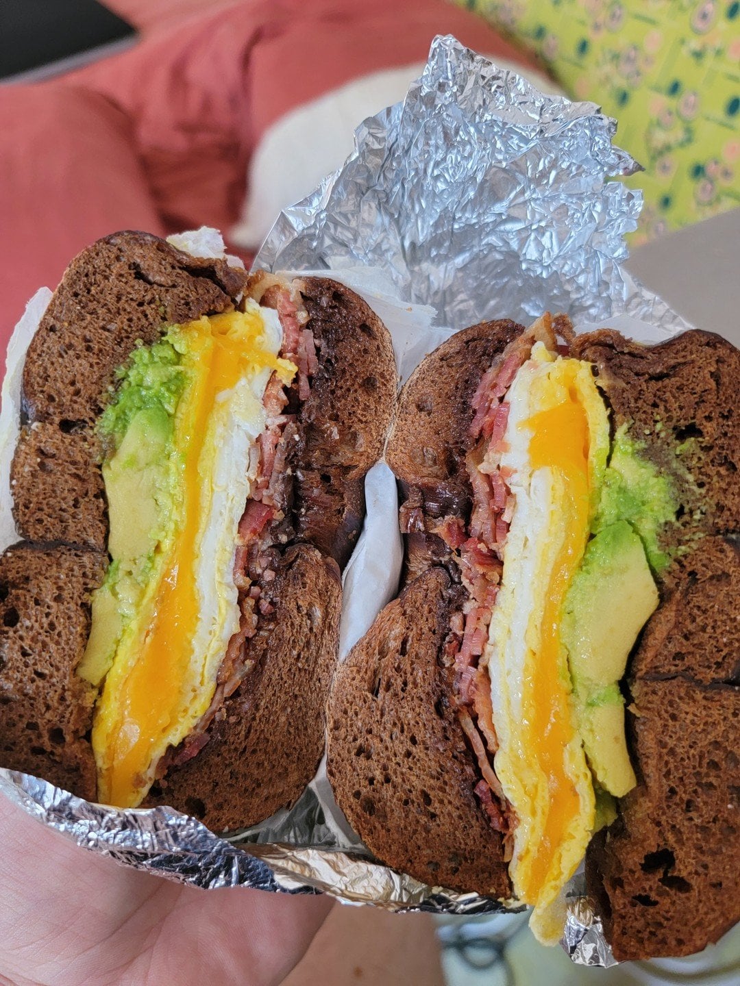 Egg, Bacon and Avocado on Pumpernickel at Tompkins Square Bagels